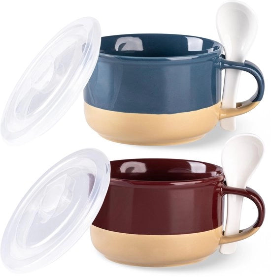 24 oz mokkeramici per zuppe con manici e coperchi, fondo in terracotta e cucchiaio per zuppe/grani per colazione/salate/noedle/zuppa, resistente a microonde e lavastoviglie, blu e rosso
