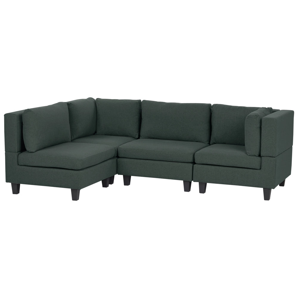 Divano componibile a 4 posti imbottito in tessuto verde scuro gambe nere lato destro con ottomana stile moderno