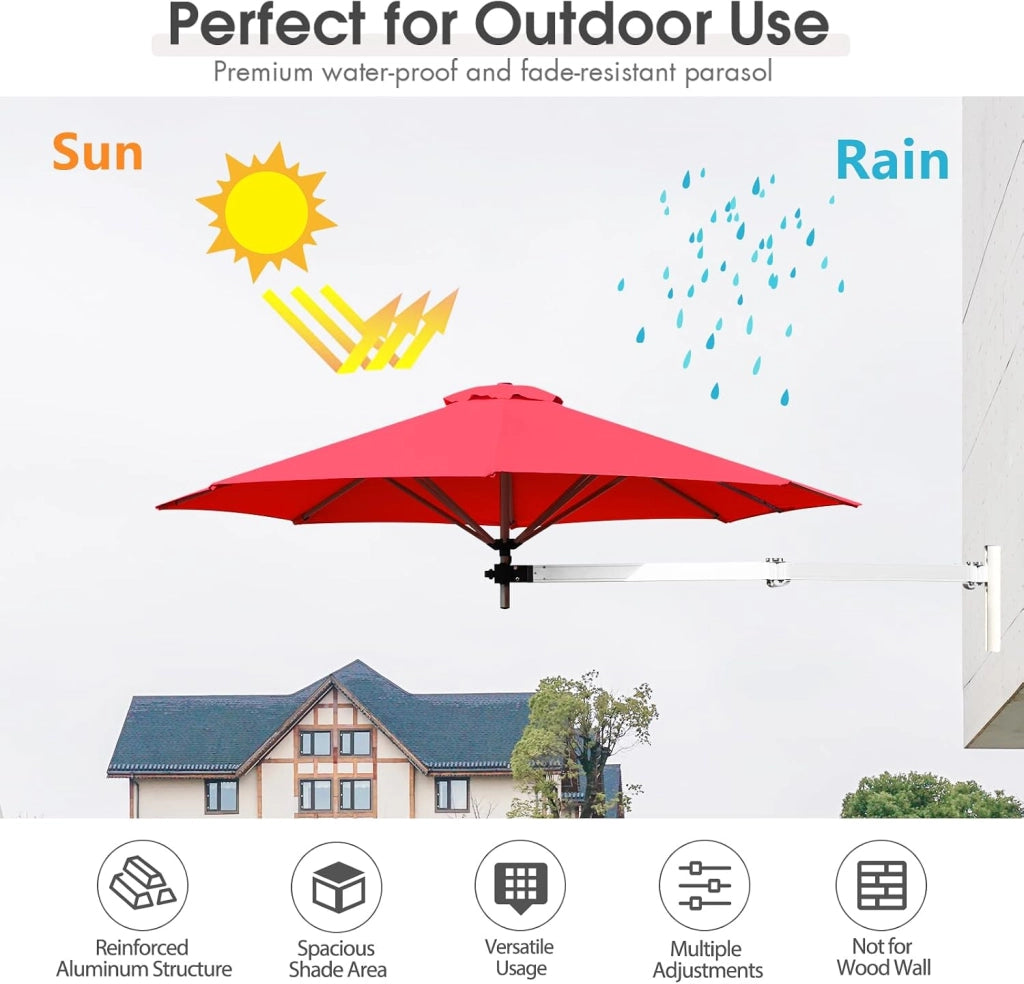 Ombrellone a Muro da Balcone Regolabile in Altezza e ad Angolo, Ombrellone da Parete Richiudibile con Palo in Metallo, Protezione da Sole, Anti UV, Ombrellone da Giardino 250 cm