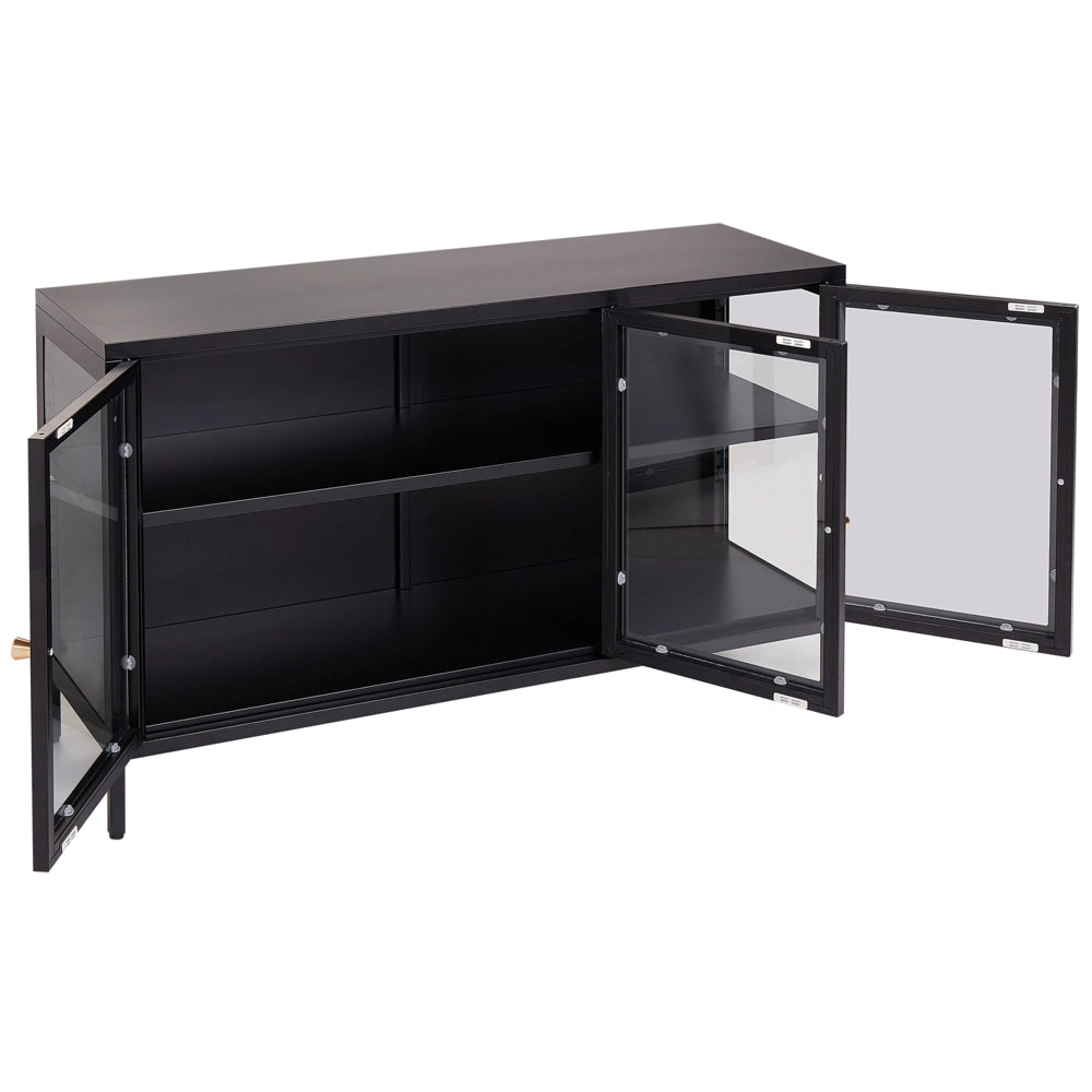 Credenza a 3 ante in acciaio nero con vetro temperato, ripiani regolabili, tappi per le gambe, mobili per il soggiorno dal design moderno.