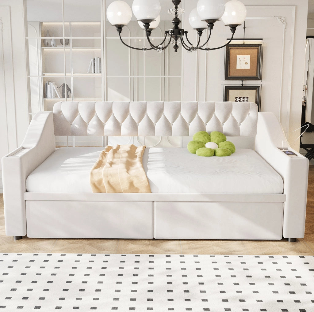 Letto imbottito 90 x 190 cm con USB, cassetti e braccioli beige