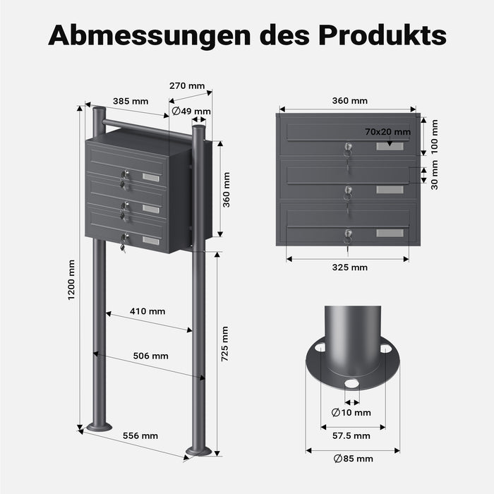 Cassetta postale condominiale autoportante 3 posti, 1 modulo, antracite 556 x 270 x 1200 mm