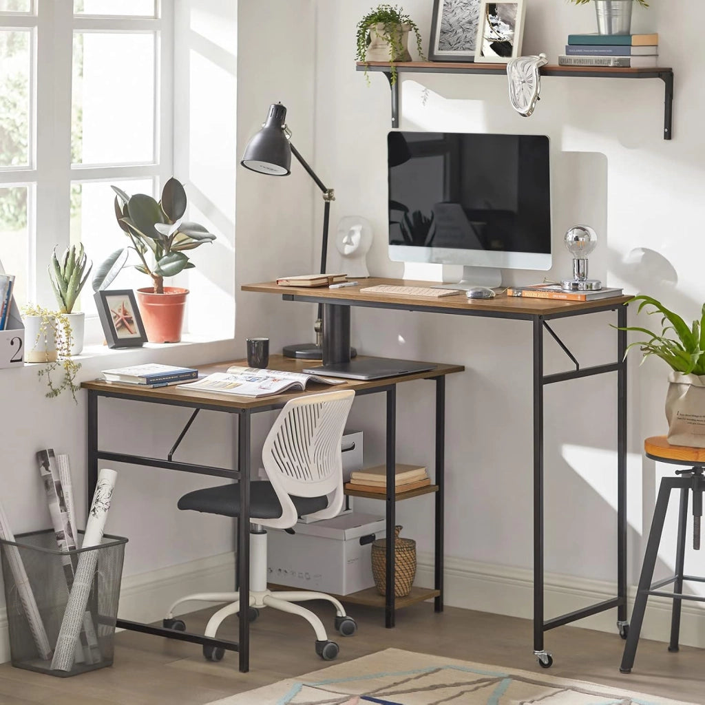 Scrivania con 2 ripiani, Tavolo da bar girevole a 360 gradi, Tavolo per computer con ruote, Stile industriale, FWT93-F