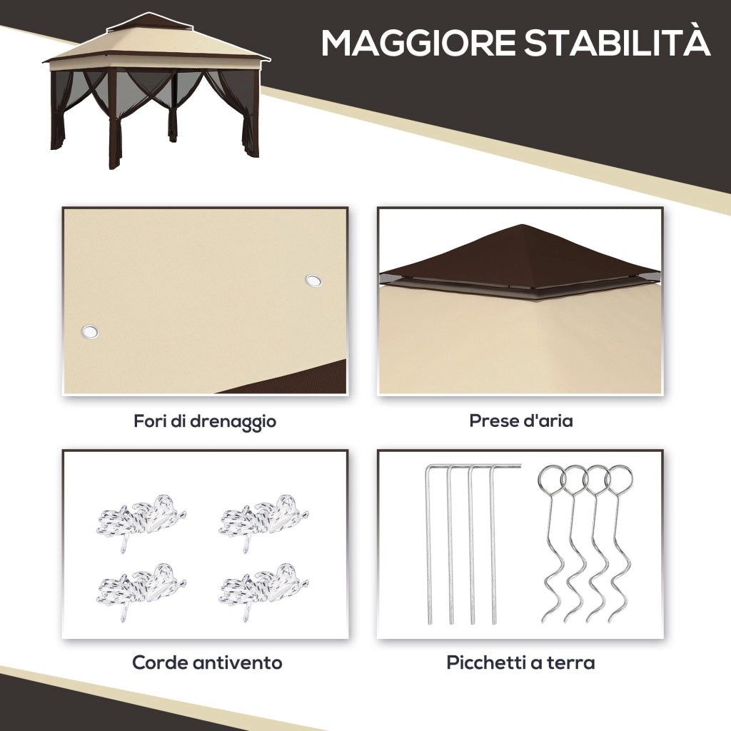Gazebo Regolabile su 3 Livelli con Pareti Rimovibili 3x3m in Acciaio e tessuto Oxford Caffè e Beige