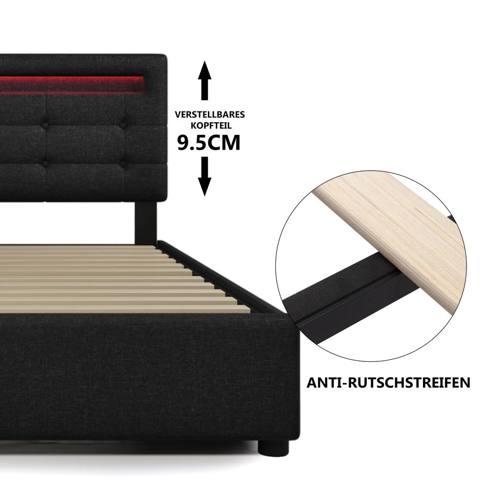 Letto Singolo Imbottito con LED e Cassetti ¨C MINIMAL ¨C Nero 90x200, Testiera Regolabile, Doghe in Legno