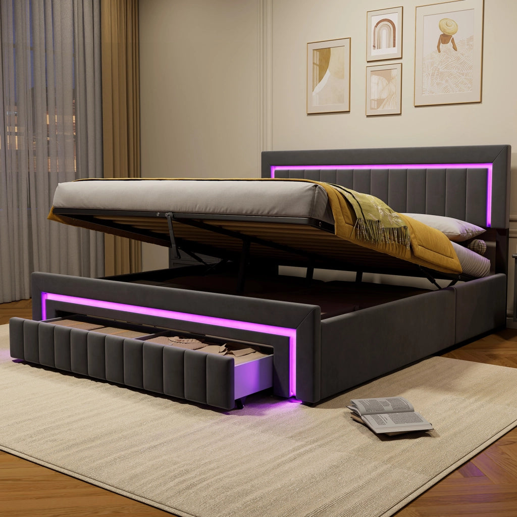 LETTO Imbottito 180x200 cm in Velluto Grigio Scuro con LED e Cassetti