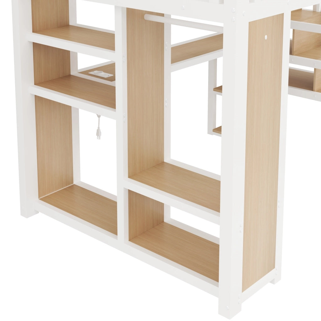 Letto a Soppalco 140x200 cm; LED; USB; Scrivania; Guardaroba; Scala; in Metallo; Bianco
