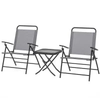 Set da Giardino con Tavolo con Piano in Vetro e 2 Sedie Pieghevoli con Schienale Regolabile, Grigio