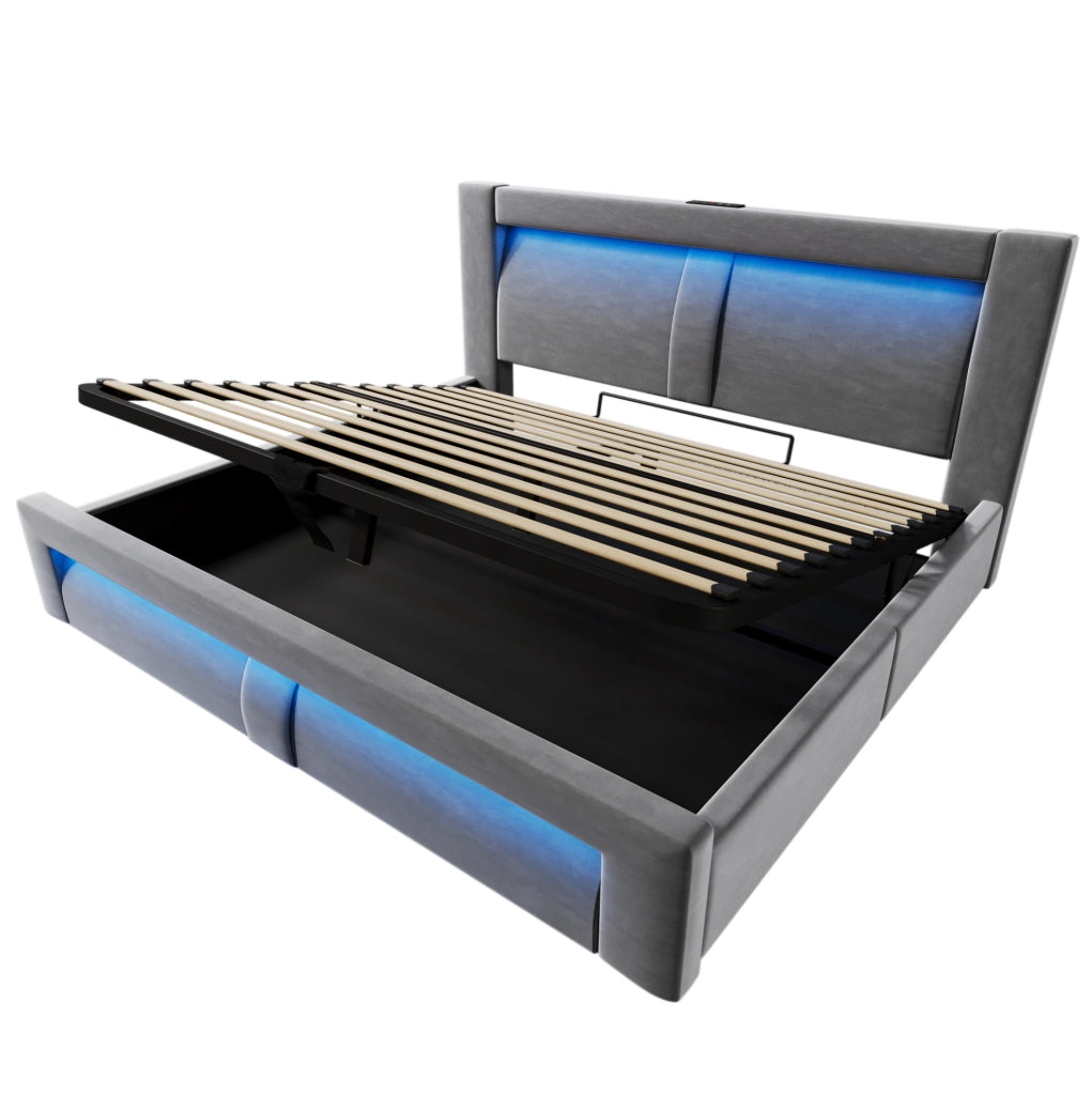 Letto matrimoniale 160x200 cm con contenitore; LED; prese USB e Type-C; velluto grigio con materasso