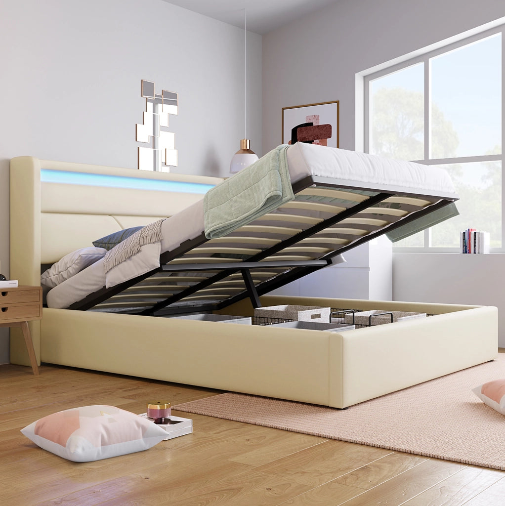 Letto matrimoniale imbottito 140x200 cm con contenitore; LED e rete sollevabile; bianco in PU
