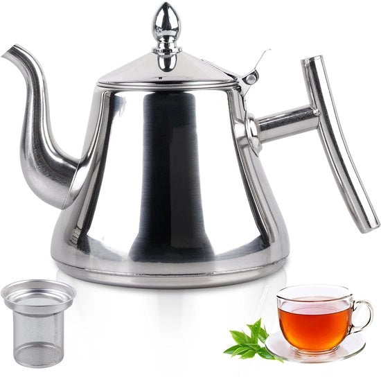 Teiera 1 litro - Acciaio Inossidabile - Filtratore di Tè - Compatibile con Induzione - Coperchio a Pressione - Bocchetta Antidruppo - Accessorio per Tè