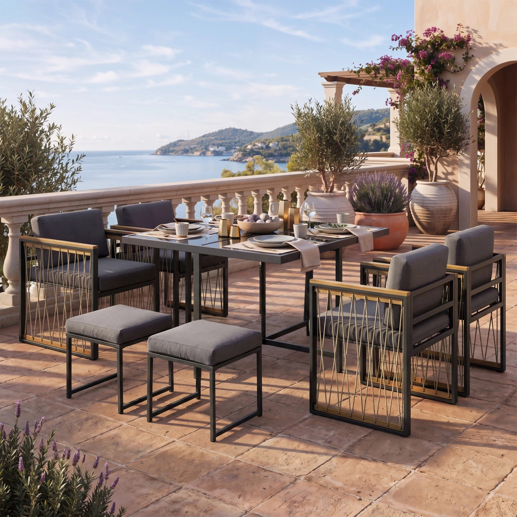 Set da pranzo esterno 7 pezzi per 6 persone, tavolo in vetro temperato con braccioli in plastica e legno, ideale per giardino e terrazza