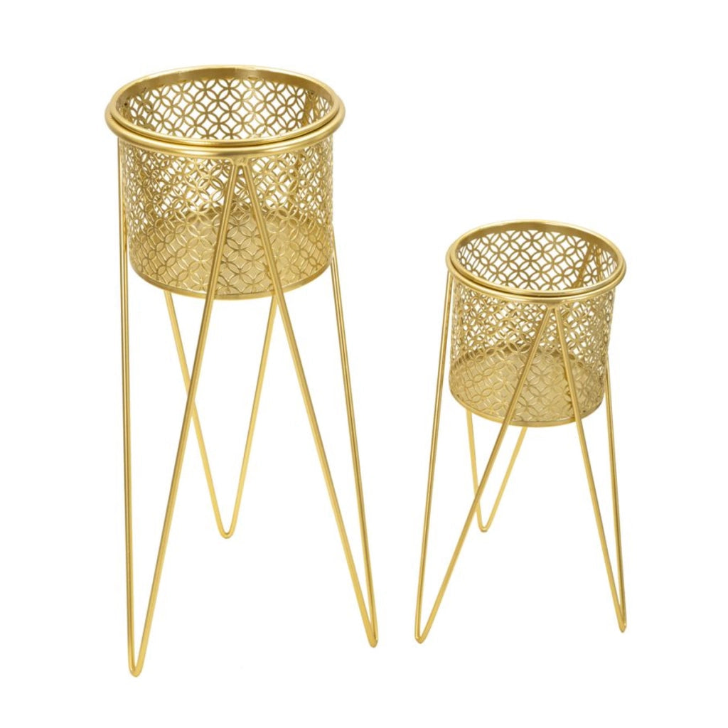 Set di 2 Vasi per Piante VKH405, Oro, Metallo, 21x20x46 cm