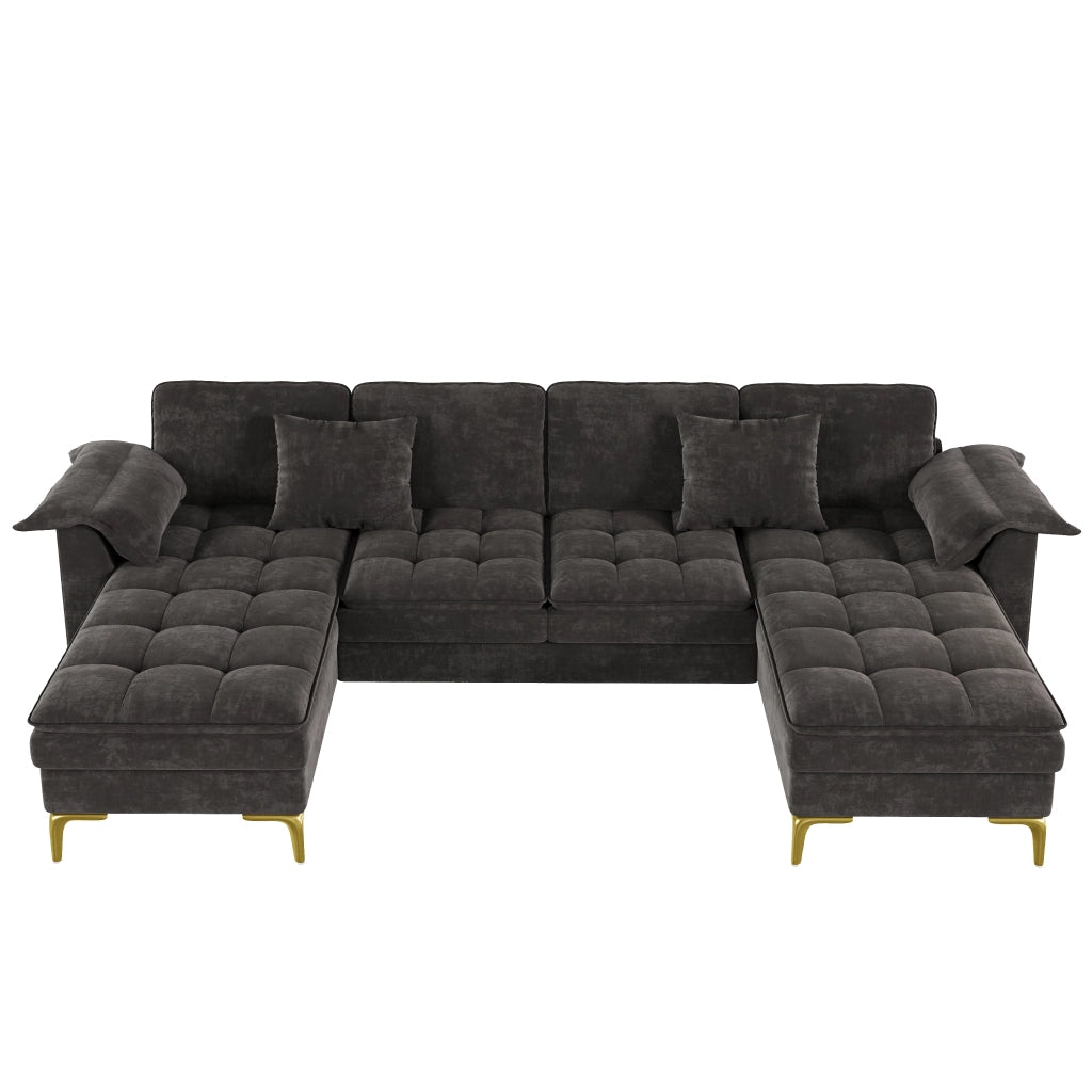 Divano angolare modulare a U 4-5 posti in chenille grigio con 2 chaise longue e cuscini