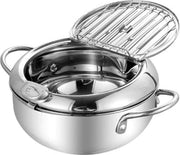 Friteuse in acciaio inossidabile 2,5L con coperchio e griglia di drenaggio rimovibile - inclusa termometro per friteuse