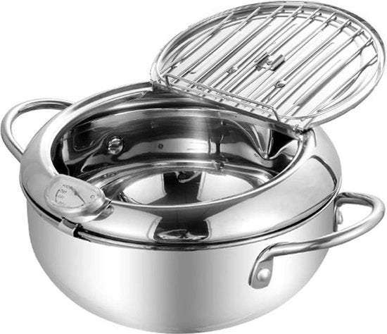 Friteuse in acciaio inossidabile 2,5L con coperchio e griglia di drenaggio rimovibile - inclusa termometro per friteuse