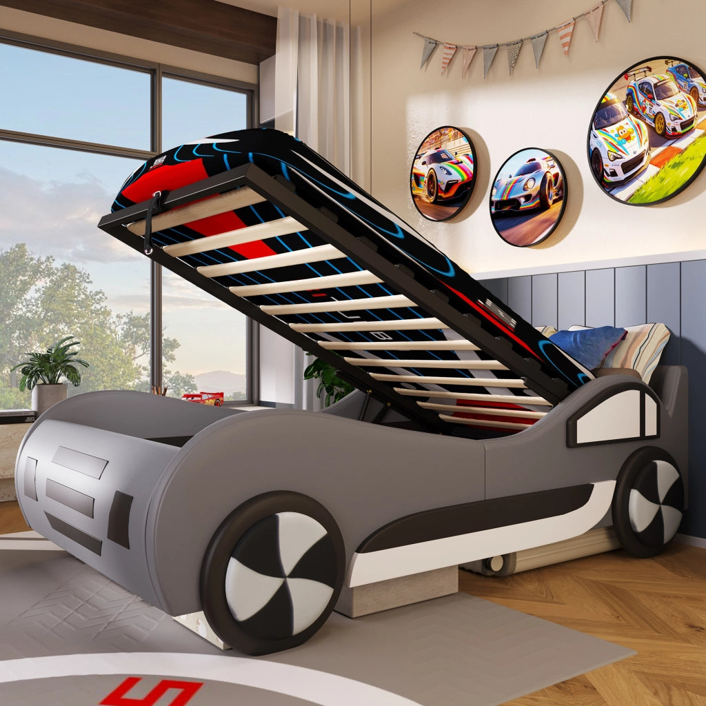 LETTO AUTO PER BAMBINI 90x200 cm Grigio con contenitore idraulico