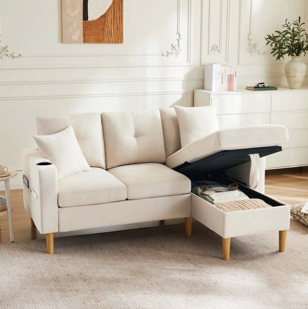 Sofa chaise longue 175x129x90 cm con contenitore; portabicchieri e cuscini; in legno; beige