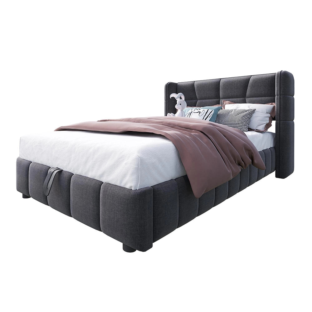 Letto imbottito per bambini - Xylo - 90x200 cm - Grigio - Testiera e sistema di stoccaggio pneumatico