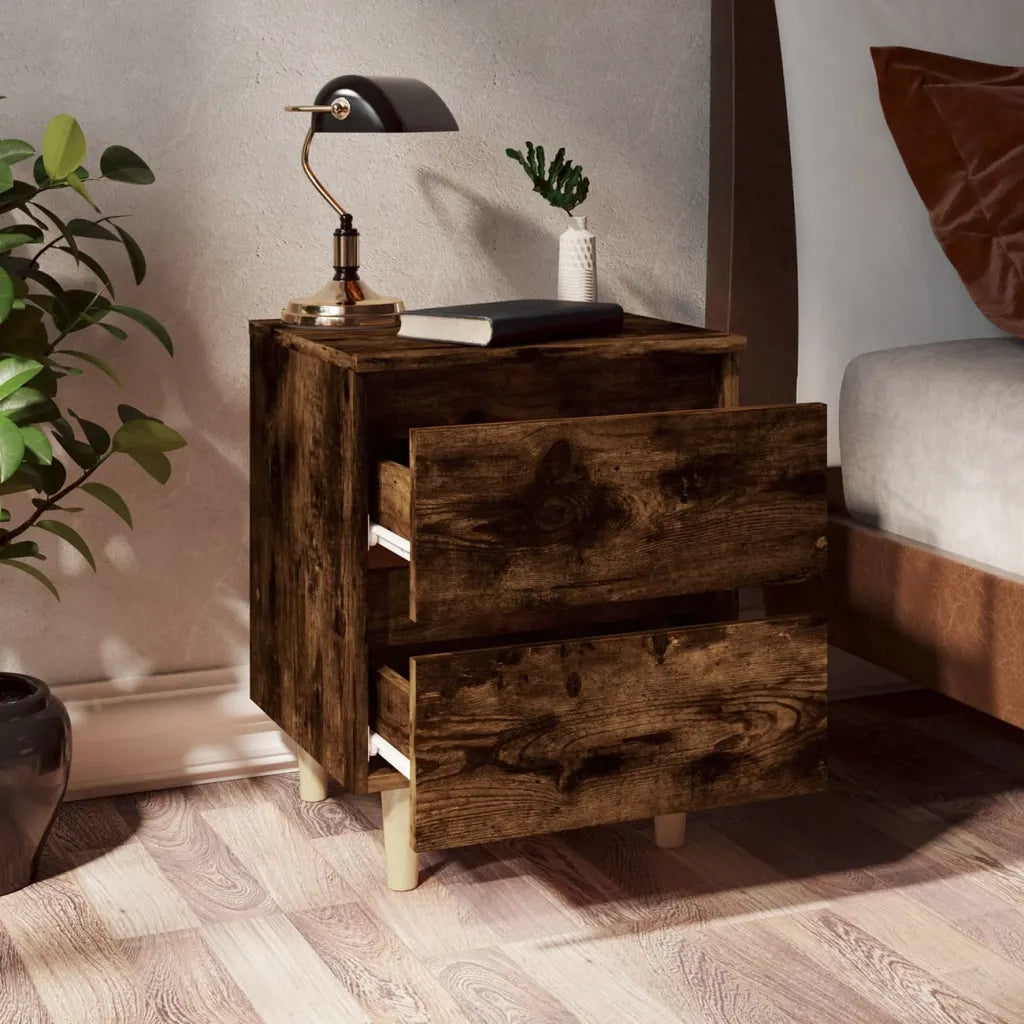 Comodino | Armadio da Notte | Mobiletto da notte con Gambe in Legno Massello Rovere Fumo 40x35x50 cm