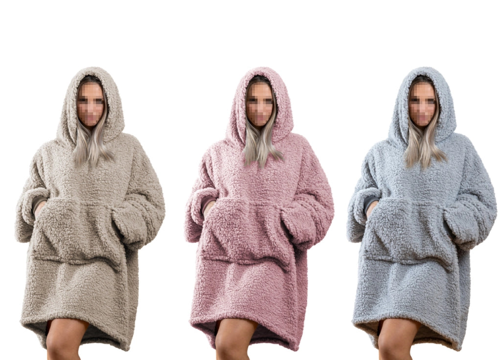 Felpa Plaid Inverno Coperta Agnellata Sherpa Con Tasca Tinta Unita Fluffy - Felpone - Tortora