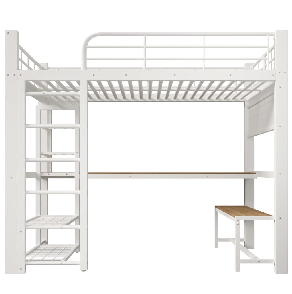 Letto a soppalco 140x200 cm in metallo con scrivania, LED e scaffali bianco