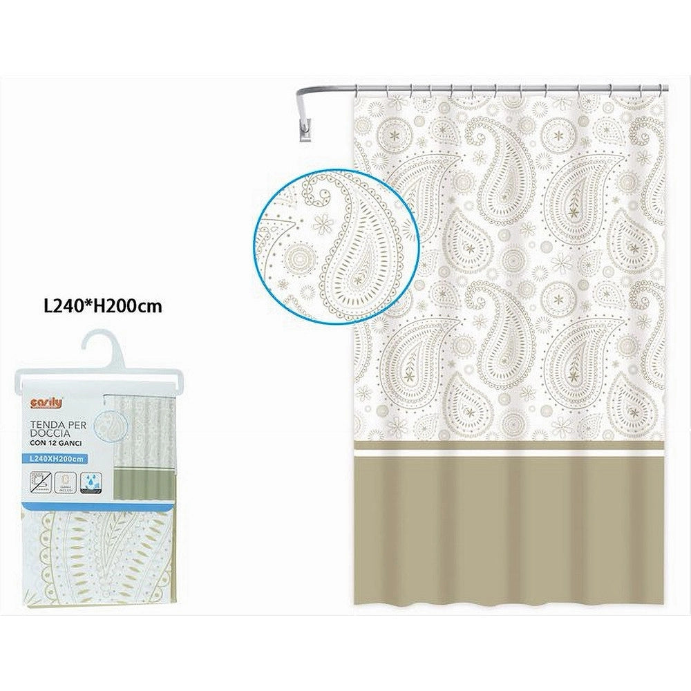 Trade Shop - Tenda Doccia Vasca Bagno 12 Anelli 240x200 Cm Motivo Paisley Etnico Beige 87584 -
