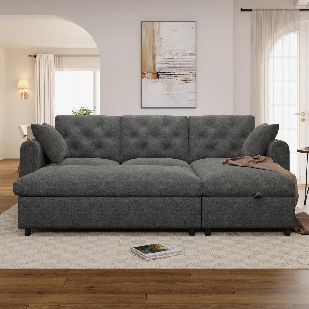 Divano in velluto grigio con chaise longue e pouf contenitore, seduta con molle insacchettate, 219 x 131 x 86 cm