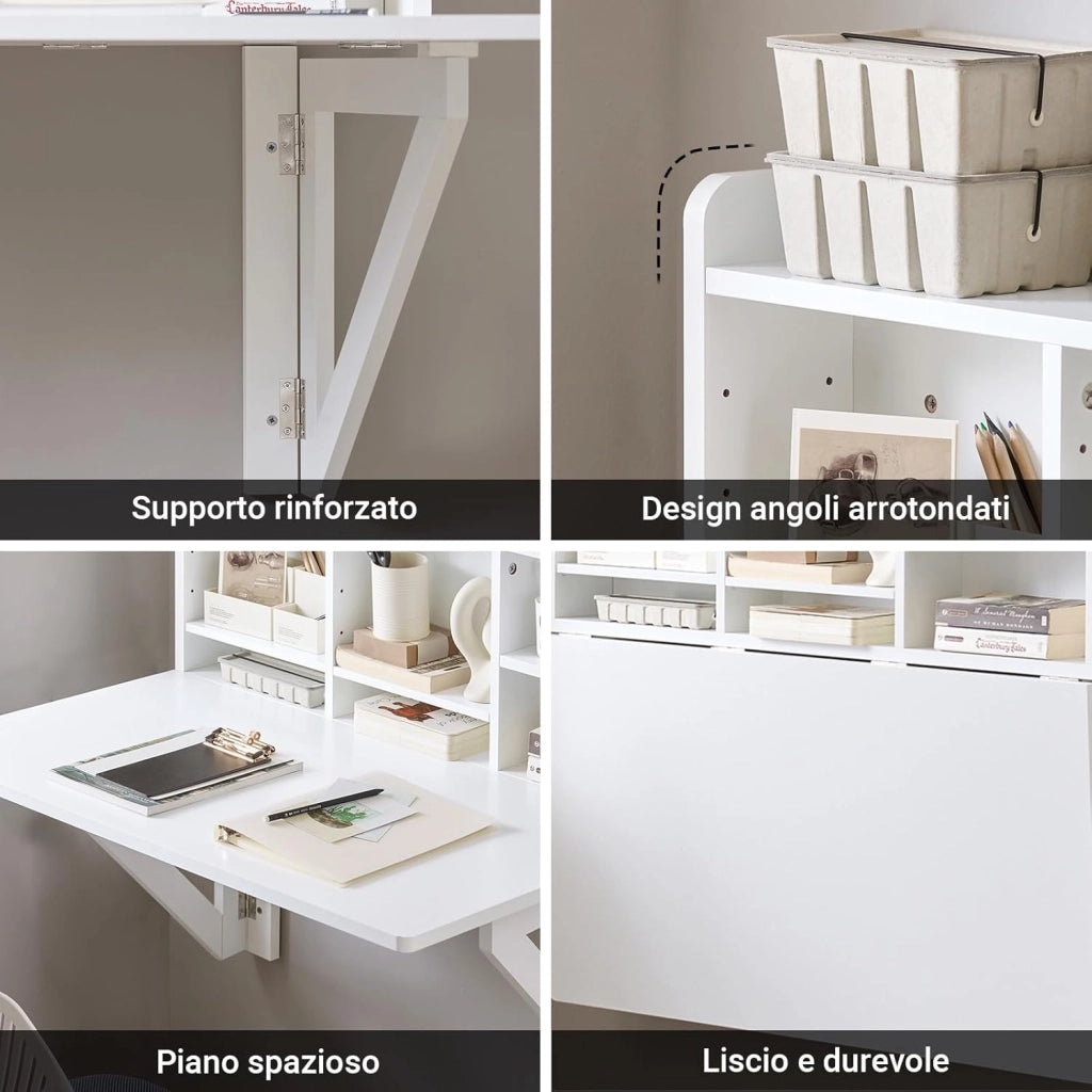 tavolo pieghevole da parete con mensola salvaspazio per cucina piccola e studio, consolle da pranzo a scomparsa bianca 90x60 cm, dimensioni ca. 90x78x60 cm FWT07-II-W