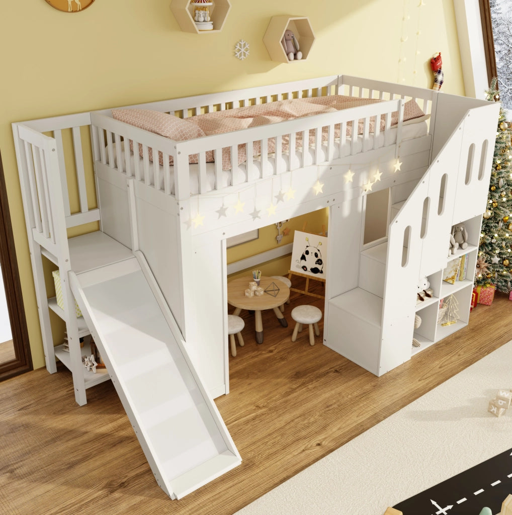 Letto a soppalco per bambini 90x200 cm con scivolo; scala contenitore e LED; bianco