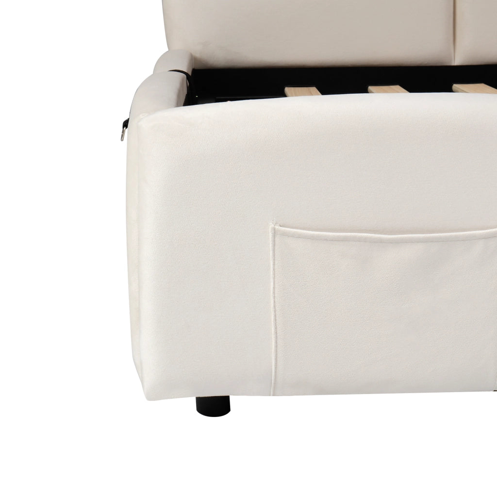 DESMIU Letto Divanetto 1 Posto con Contenitore, USB-A, USB-C e Tasca 90 × 200 cm, Senza Materasso, Velluto Beige