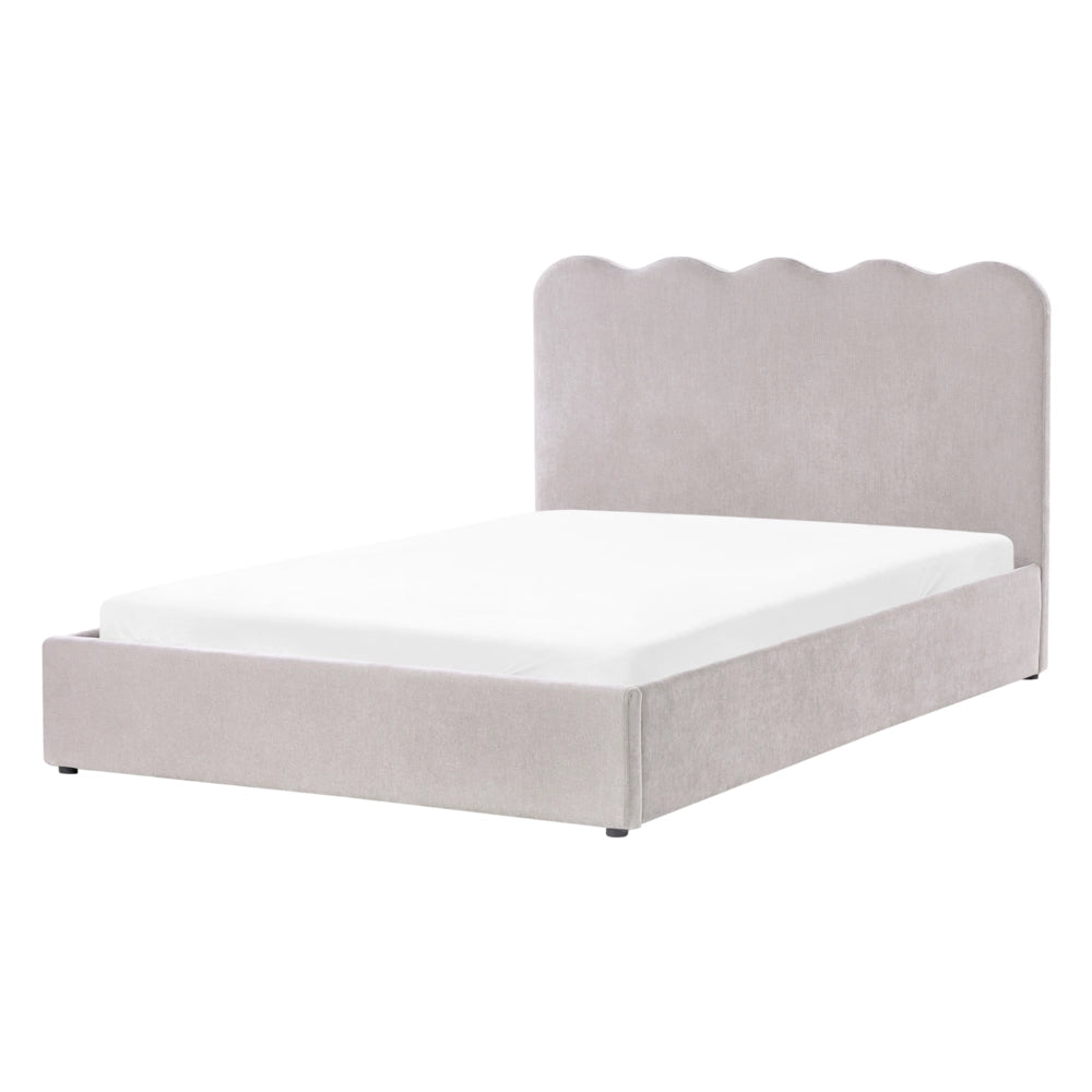 Letto in tessuto di ciniglia imbottito color tortora 140 x 200 cm contenitore elevabile con testiera e rete a doghe