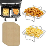 Set di 2 griglie per air fryer da 8 litri - Accessori per air fryer - inclusi 100 fogli di carta per l'olio - Compatibile con DZ201 - DZ401 - griglia doppia in acciaio inossidabile 304 per dehydratore