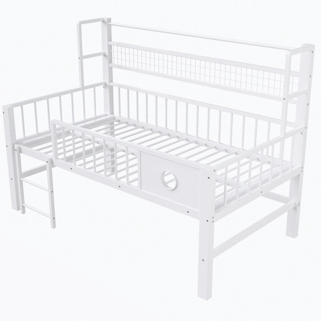 Letto a soppalco basso per bambini 90 × 200 cm con sbarre di sicurezza, appendiabiti e ripiano, senza materasso, bianco