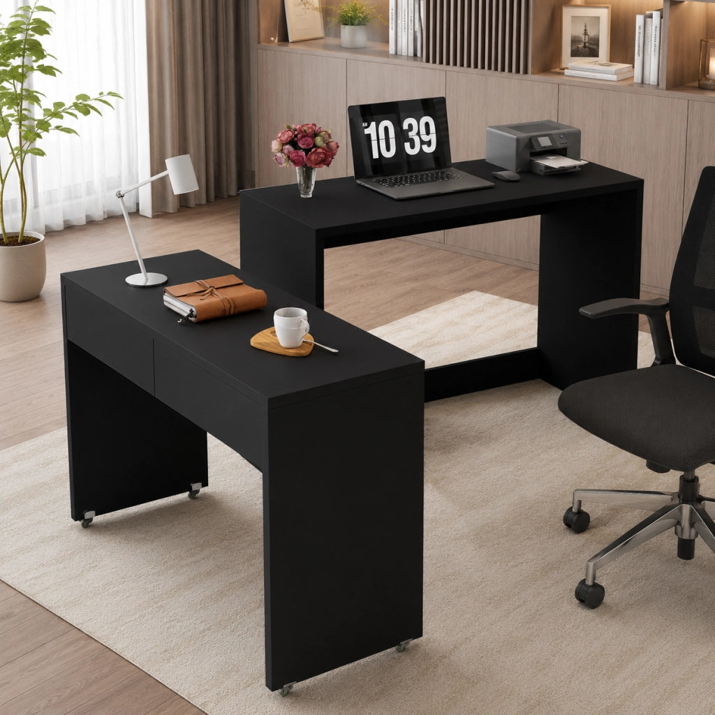 Scrivania 2-in-1 110x40x78 cm pieghevole con ruote in truciolato nero