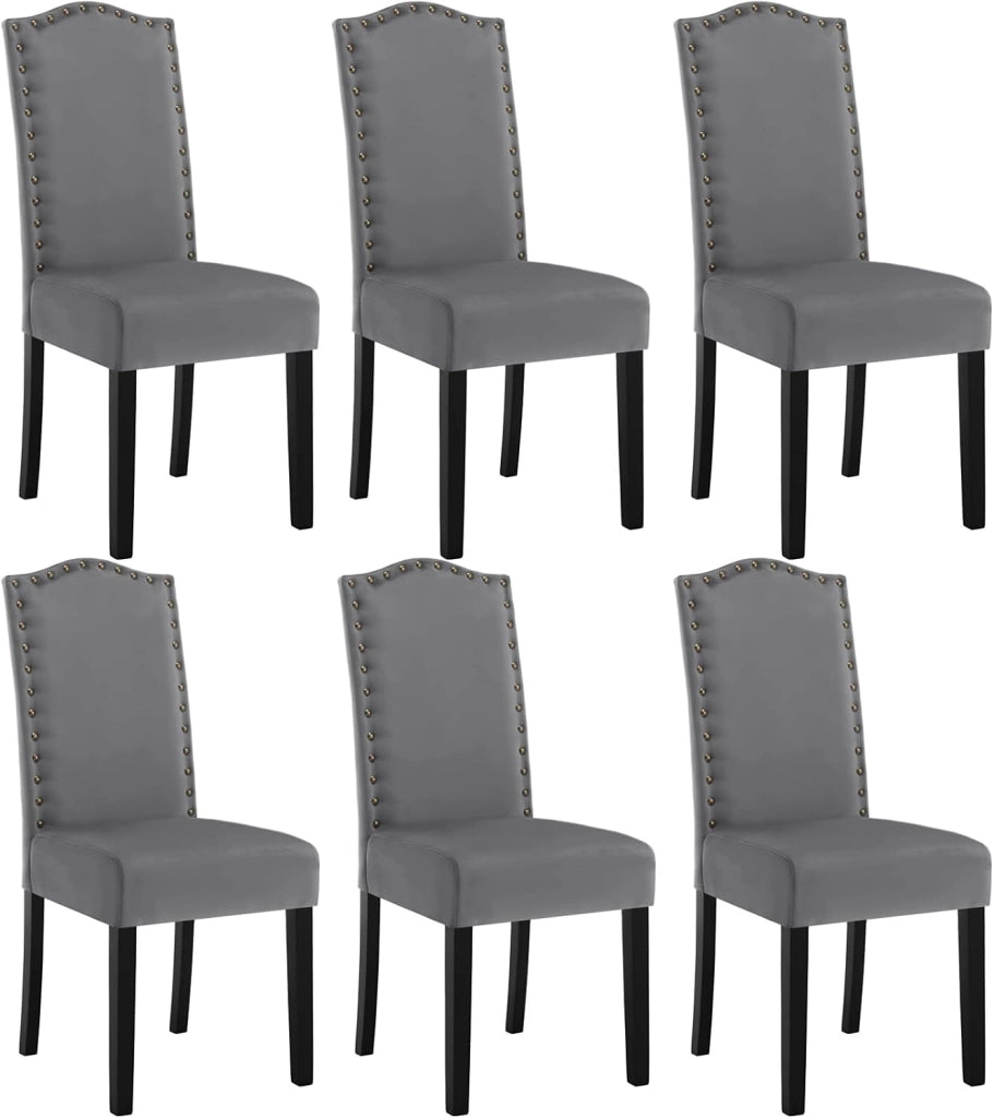 Sedie da Cucina Set da 6, Sedie per Sala da Pranzo con Schienale Alto e Gambe in Legno Massello, Sedie Imbottite per Salotto, Decorazione con Rivetti, in Velluto, Grigio scuro, BH385dgr-6