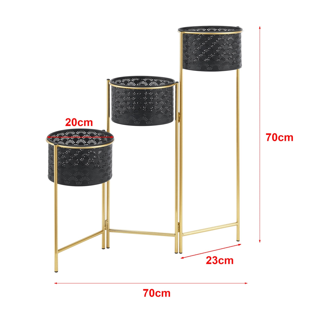 Porta Vasi da Interno Portapiante Supporto per Piante con 3 Coprivasi Struttura a 3 Livelli Pieghevole in Color Ottone con 3 Portavasi di Forma Cilindrica in Color Nero [en.casa]
