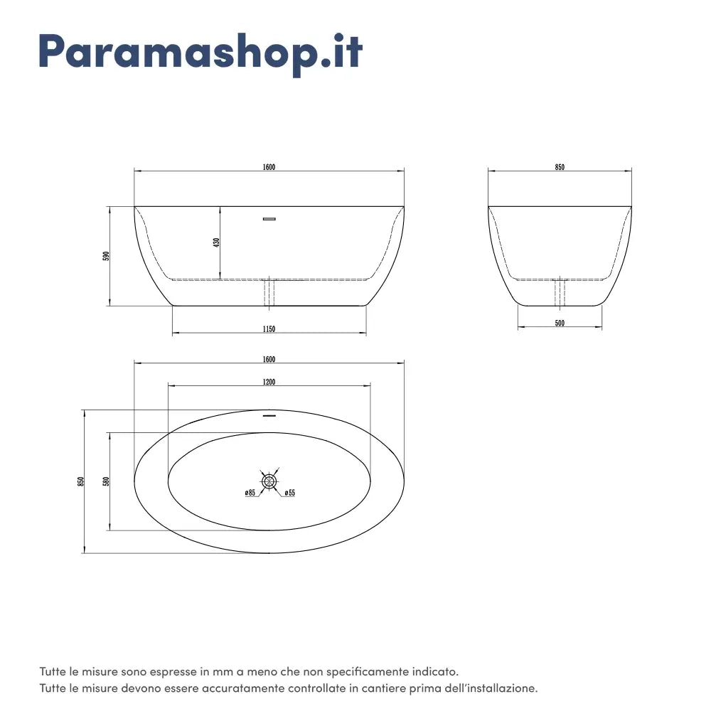 Vasca da bagno freestanding 160cm bianco lucido Mod. Leonor