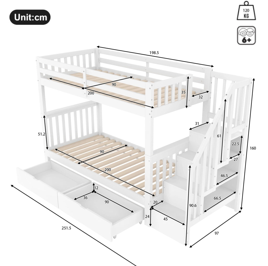 Letto a castello 90x200 cm con scala contenitore e due cassetti in legno di pino e MDF bianco