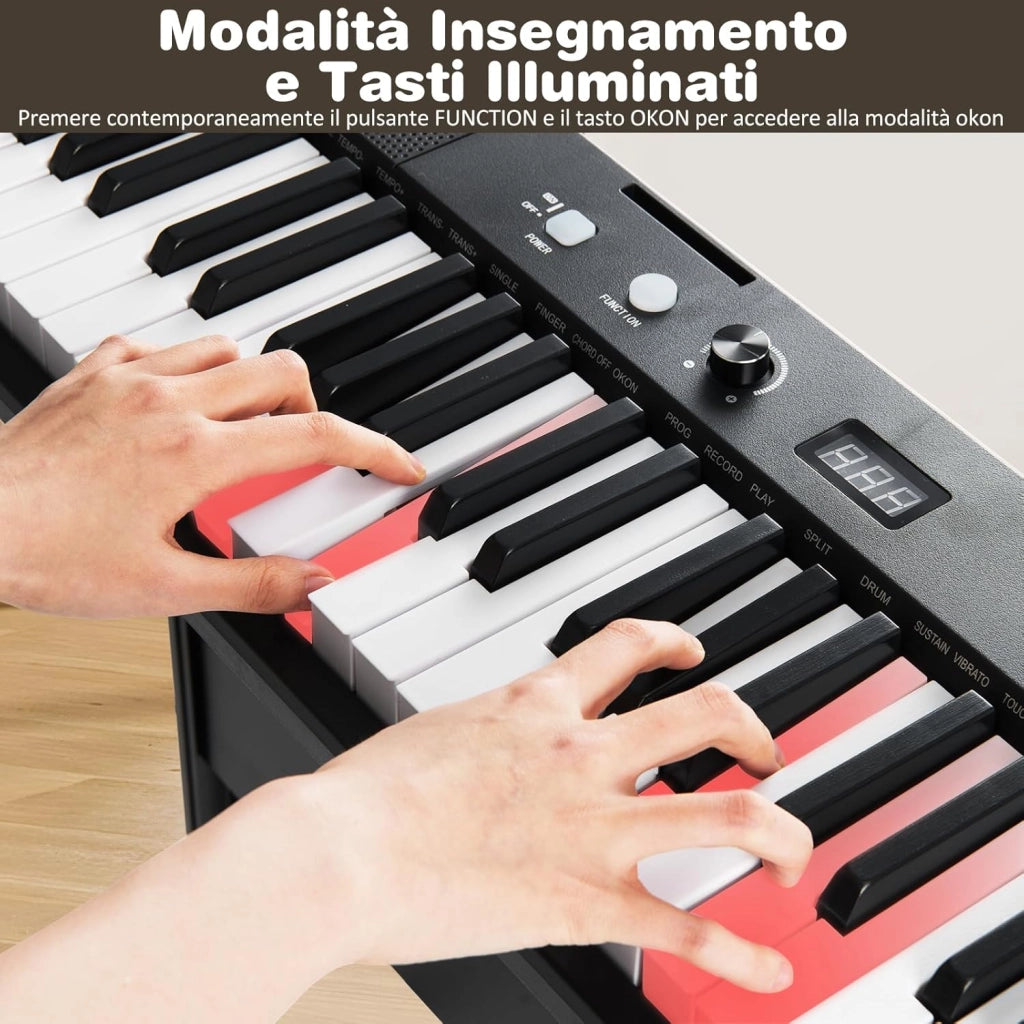 Tastiera Pianoforte a 61 Tasti, Set Pianoforte Elettrica con Supporto e Sgabello Regolabili, 128 Ritmi & 128 Toni e 80 Demo, Strumento Musicale per Bambini, Adolescenti e Adulti