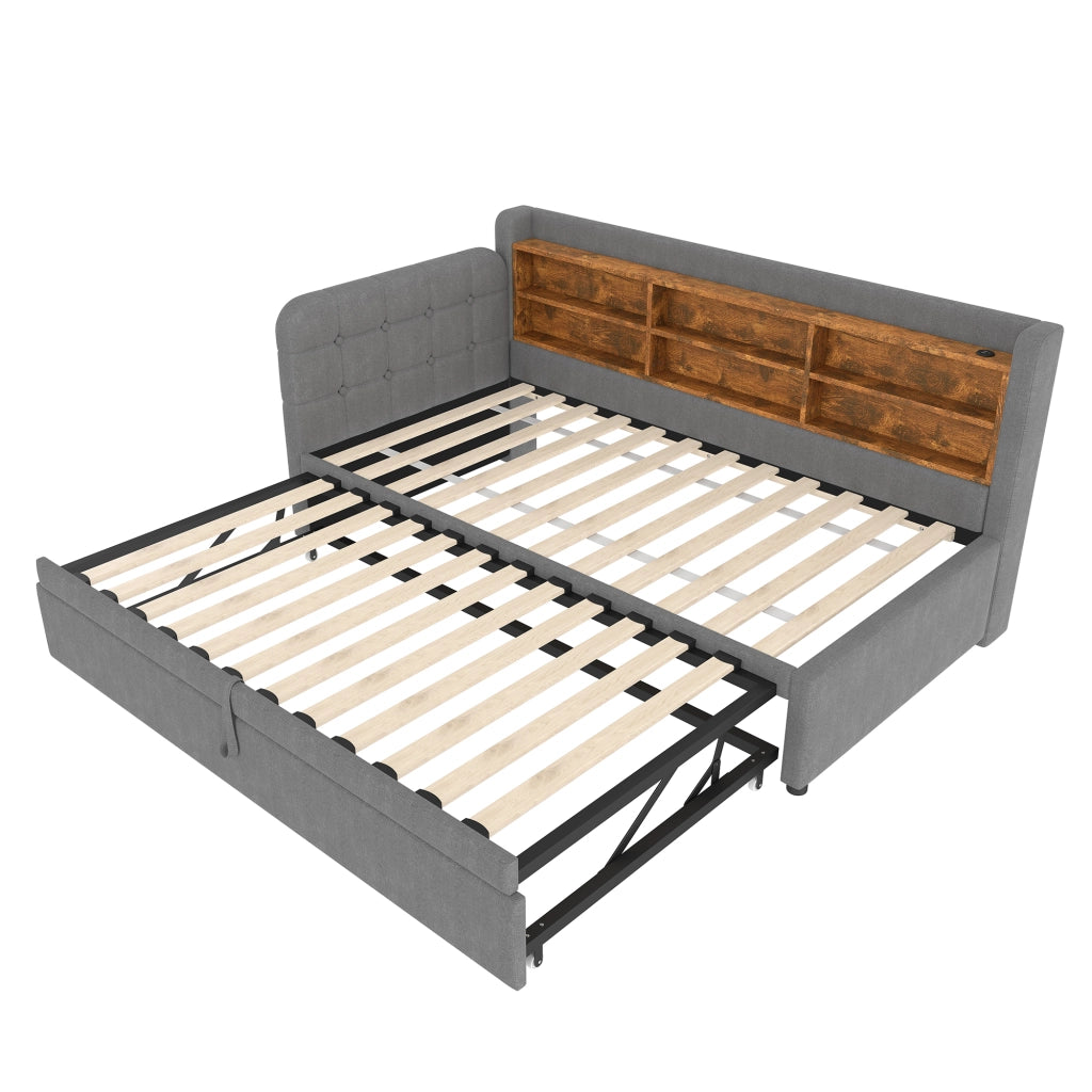Letto estraibile singolo 90×200 cm con USB; Type-C; testiera con ripiani; senza materasso; lino; grigio