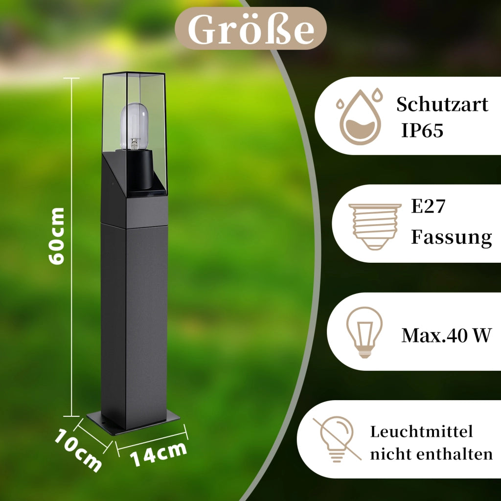 ZMH Lampada da Giardino a Palo Esterna E27 Nero IP65 per Sentieri Cortile Max 40W Senza Lampadina  H.60cm