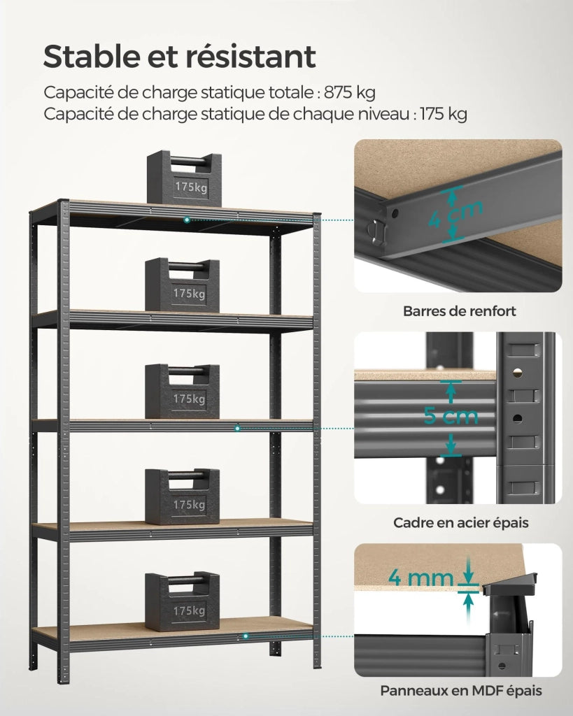 Mobiletto portaoggetti in acciaio per carichi pesanti a 5 ripiani montaggio senza attrezzi ripiano da garage per cassette degli attrezzi capacità di carico 875 kg 60 x 120 x 200 cm grigio 12_0005573