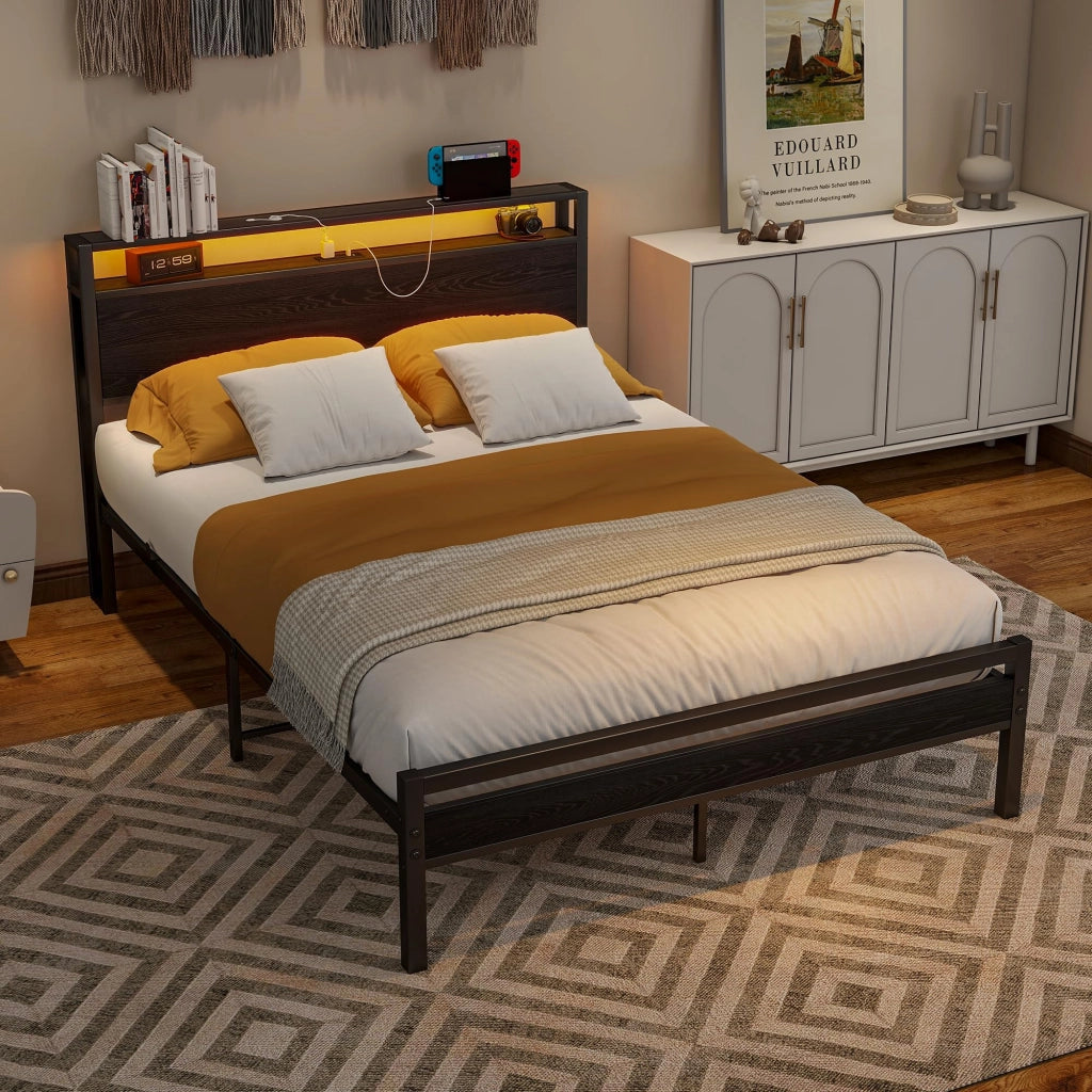 LETTO 120x200 cm in metallo e MDF nero con USB, presa e testiera con vani