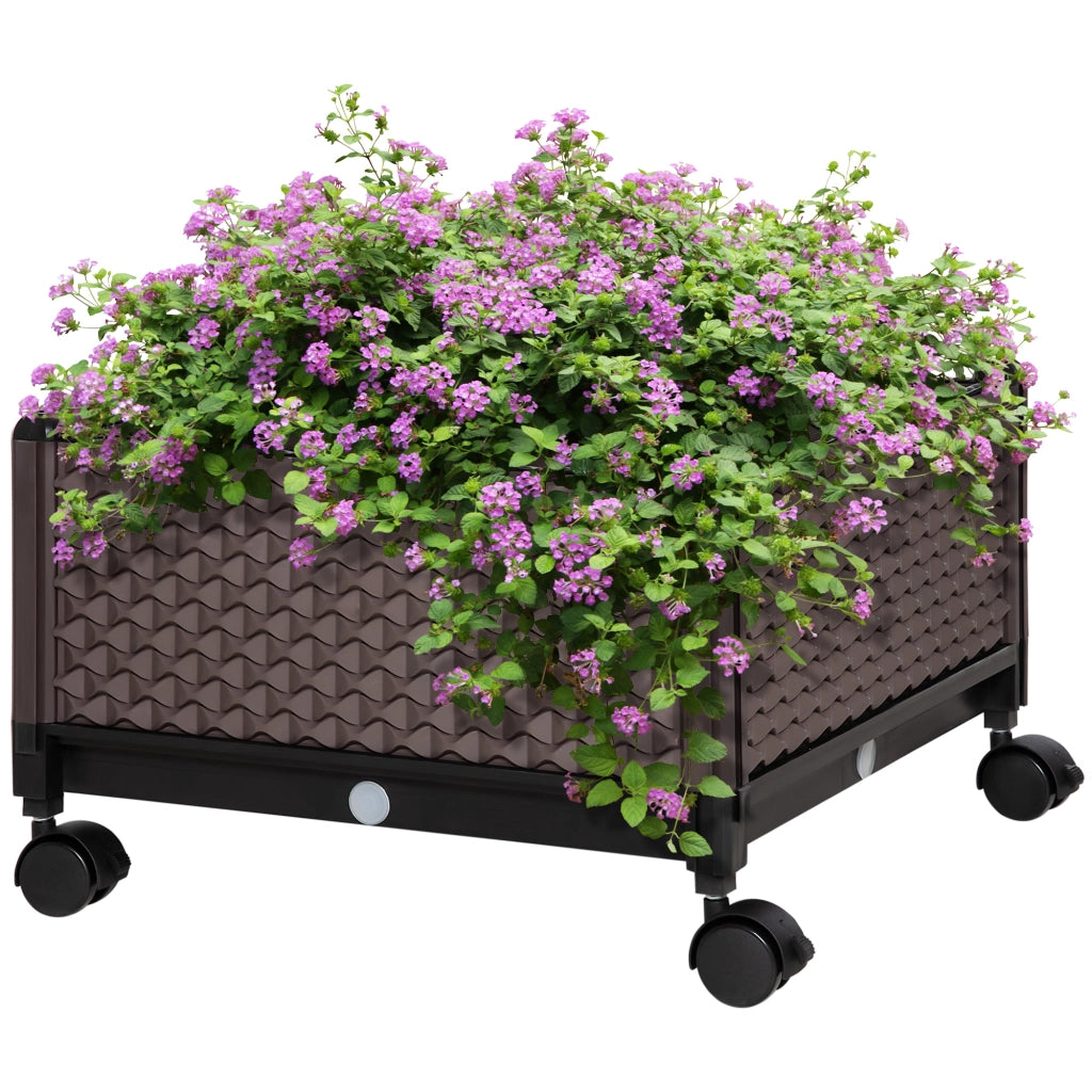 Vaso da Giardino in Plastica con Ruote e Fori di Drenaggio ¨C Zephmum ¨C 50x50x33 cm Marrone