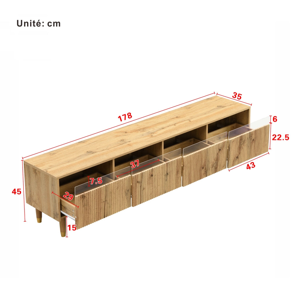 Mobile TV con 4 Cassetti e Passacavi; Design Minimalista; Soggiorno; 178??35??45 cm; in MDF; Effetto Legno