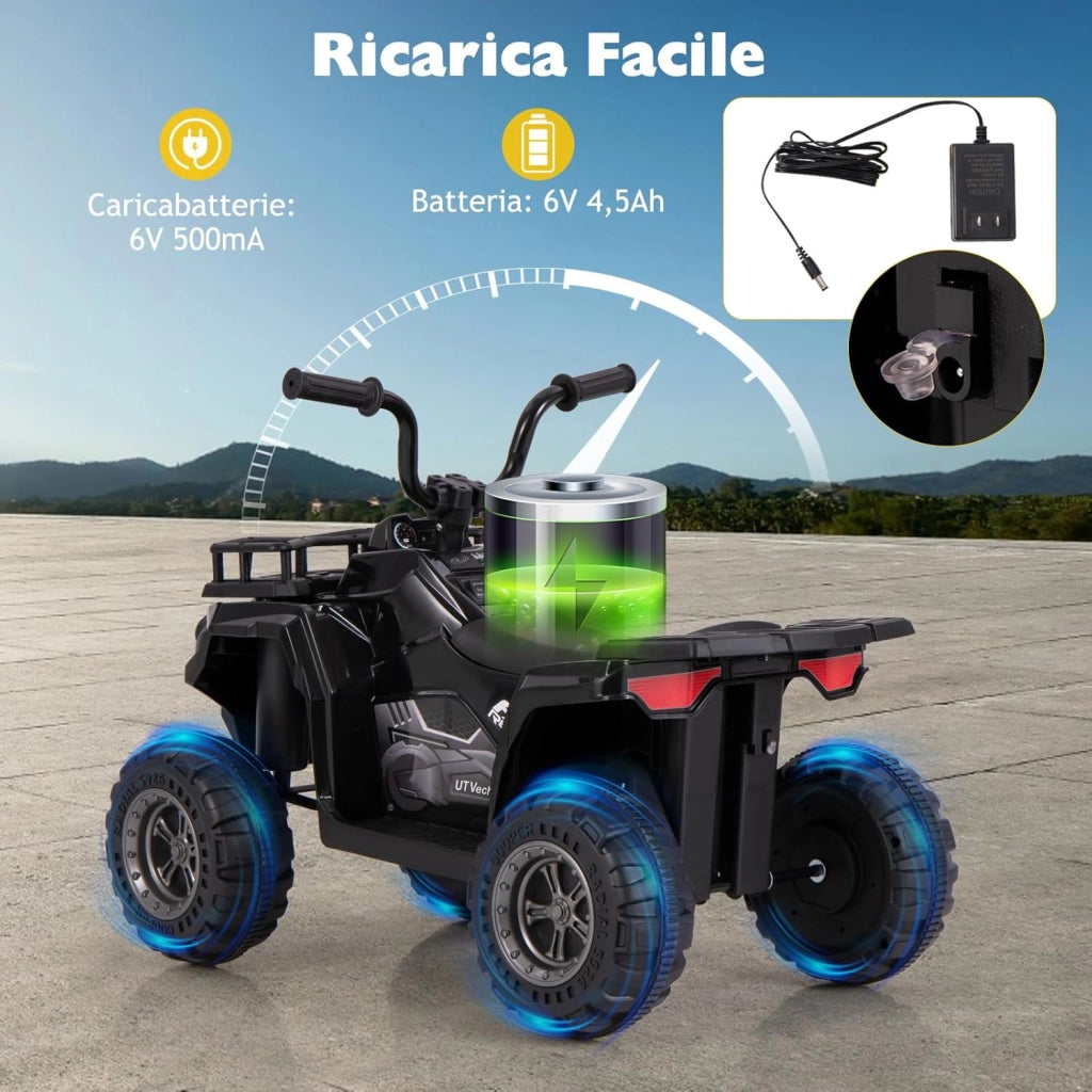 Macchina Elettrica per Bambini, 6V Quad con Fari LED, Cestino Portaoggetti e Lettore MP3, 2 km/h, Veicolo Giocattolo per Bambini 2-5 Anni (Nero)