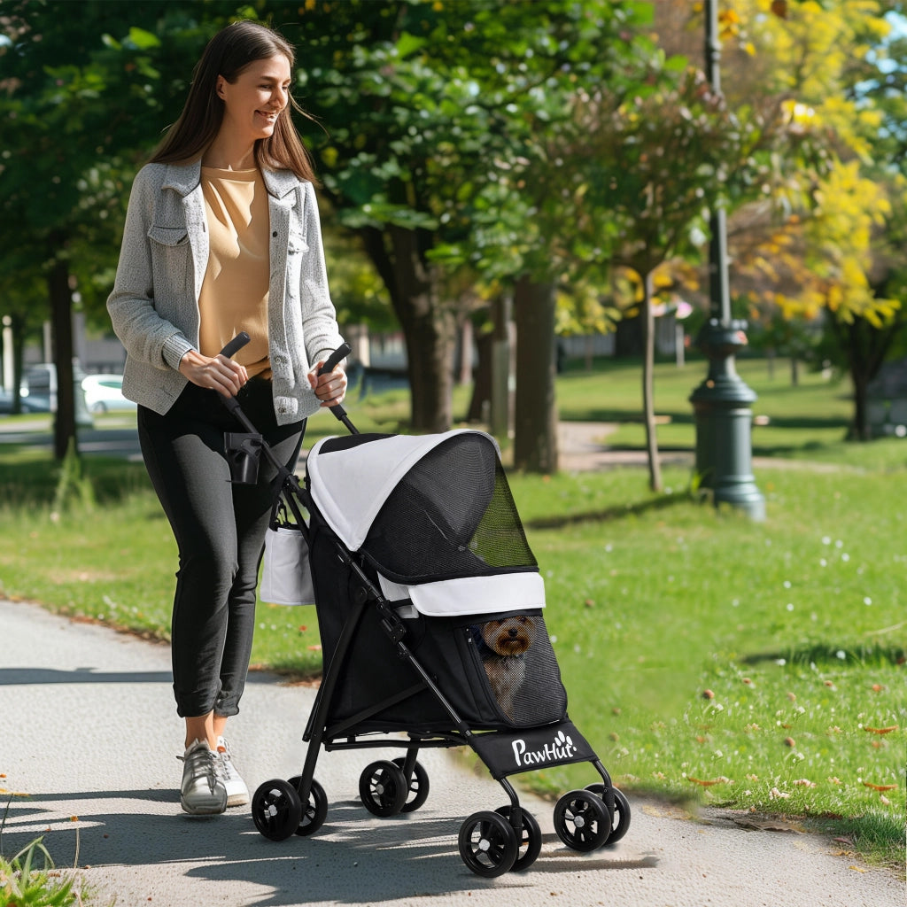 Passeggino per Cani con 2 Finestre a Rete, in Acciaio e Tessuto Oxford, 76x44x103 cm, Nero e Grigio Chiaro
