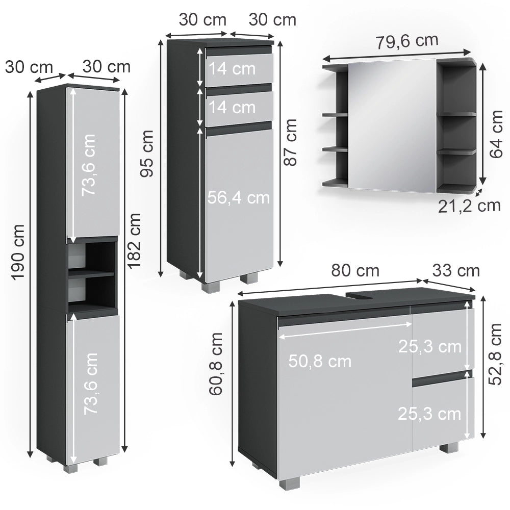 Vicco Set mobili bagno Antracite 4 parti