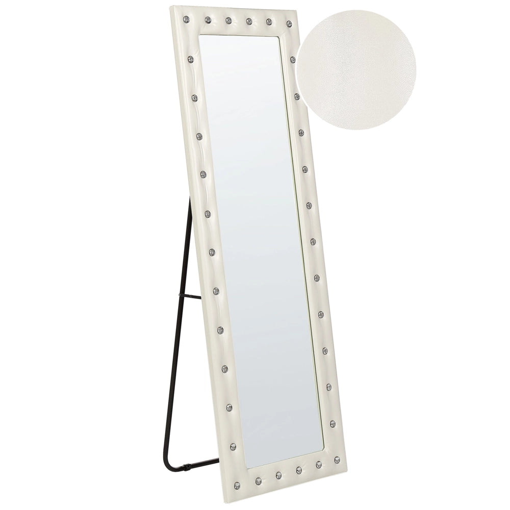 Specchio da pavimento in pelle sintetica bianca 50 x 150 cm cornice decorativa strass con supporto glamour da appendere per armadio camera da letto soggiorno